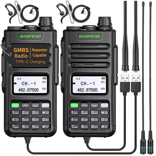 BAOFENG GMRS Handheld Radio GM-15 Pro Long Range GMRS Repeater Capable Two Way Radio Rechargeable NOAA Weather Receiver & Scan Radio with Type-C Charging Cable Headsets Full Kit,2Pack