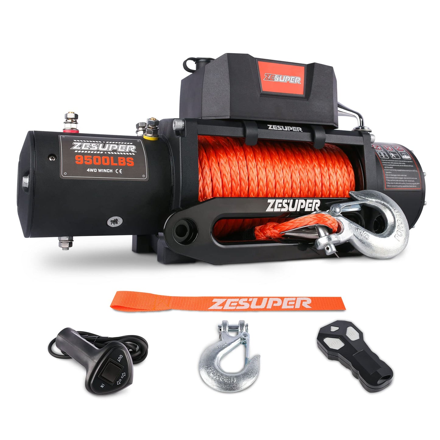 ZESUPER 9500 lbs Electric Winch Kit Waterproof IP67 Electric Winch with Hawse Fairlead, with Both Wireless Handheld Remote and Corded Control Recovery (9500-Rope) 9500LBS