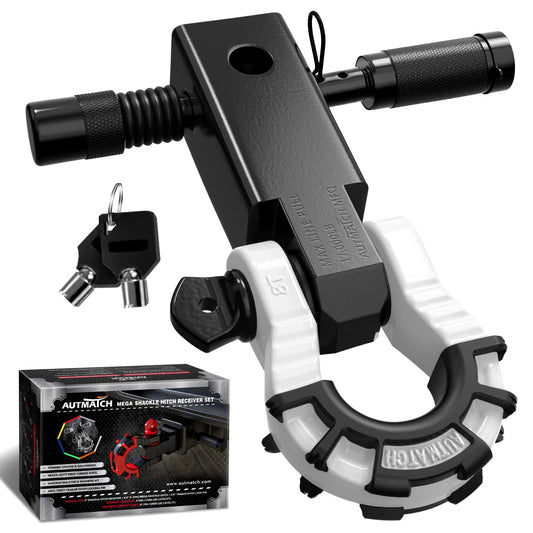 AUTMATCH Shackle Hitch Receiver 2 Inch with 3/4" Mega D Ring Shackle and 5/8" Trailer Hitch Lock Pin, 68,000 Lbs Break Strength Heavy Duty Receiver Kit for Vehicle Recovery, Black & White Mega Shackle Hitch Receiver & Hitch Lock Pin Black & White