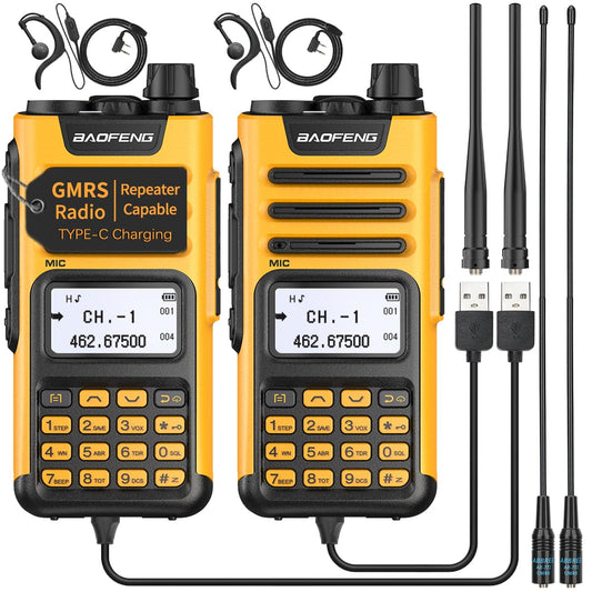 2Pack BAOFENG GMRS Radio GM-15 Pro Rechargeable Two Way Radio Long Range Handheld Radio,NOAA Weather Receiver & Scan Radio with Extra AR-771 Antenna USB-C Charger Cable Headsets Yellow