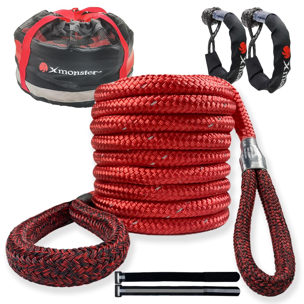 Kinetic Recovery Tow Rope 7/8'' x 30' (MBS 29,000 lbs) with Reflective Tape and 2 Soft Shackles (33,000lbs) Offroad Recovery Kit red