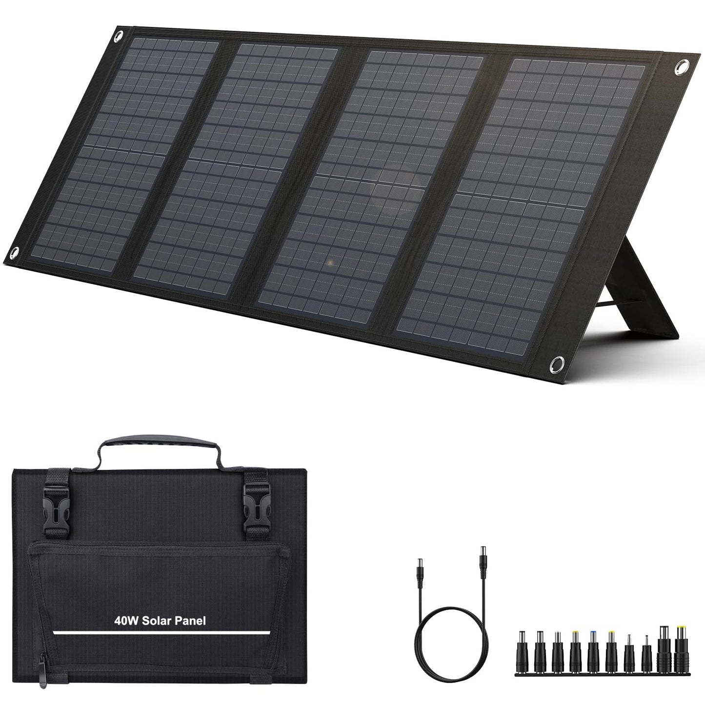 40 Watt Portable Solar Panel for 100W~200W Portable Power Station, Foldable Solar Charger with 12-15V DC Output (11 Connectors) and Adjustable Kickstand,USB QC3.0 Port for Camping Hiking Van RV Trip 40W