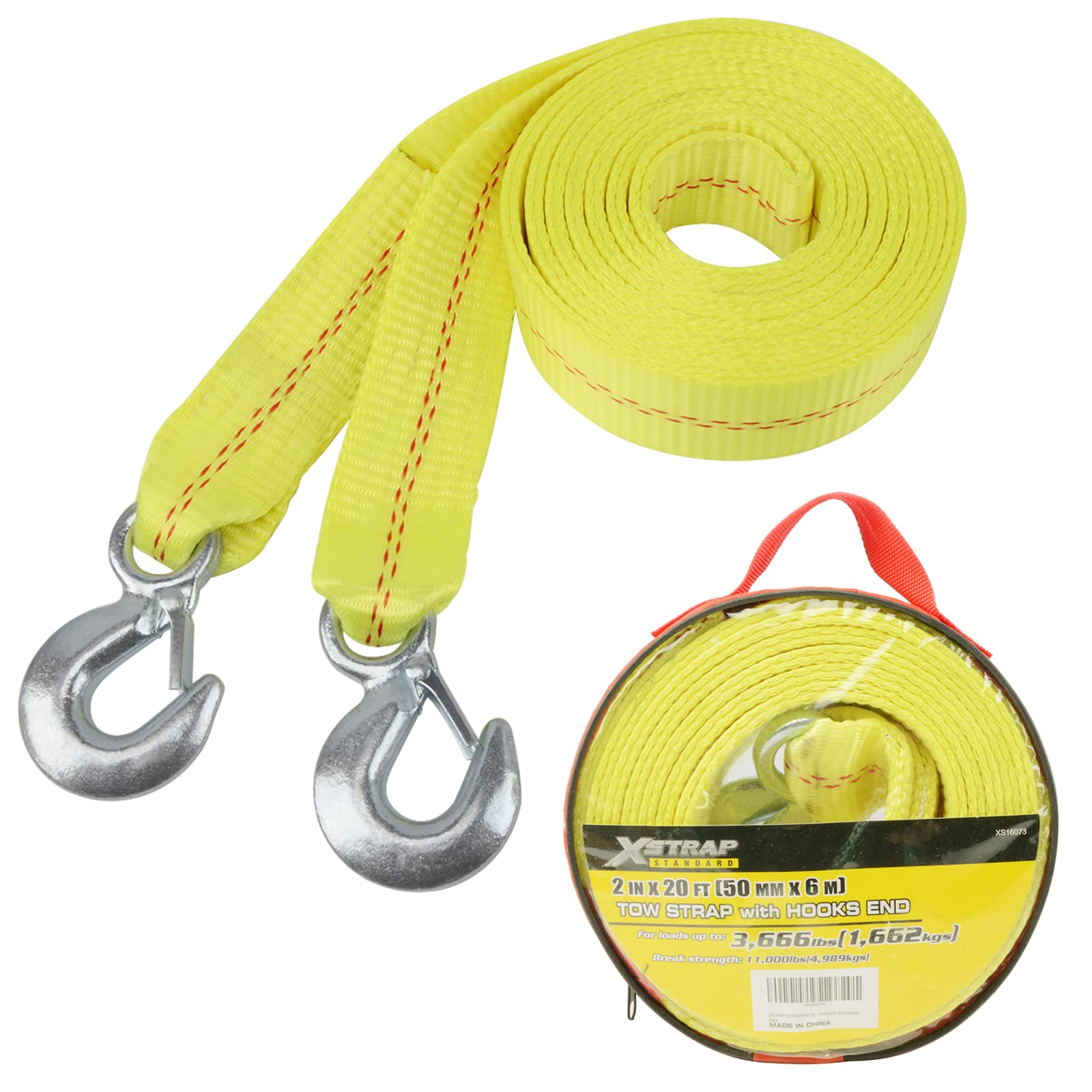 XSTRAP STANDARD Tow Strap with Hooks 2in X20Ft Recovery Strap 11,000LB Break Strengthened Towing Rope for Towing Vehicles in Roadside Emergency