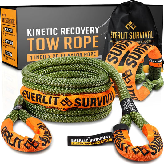 Everlit Survival Kinetic Recovery Rope 1" X 20 Ft with 2 Pack Soft Shackles Nylon Tow Rope with Breaking Strength 34,000 Lbs, Offroad Rope for Jeep UTV ATV Car Truck 30% More Stretch Than Strap… 1" X 20' w/ Soft Shackle