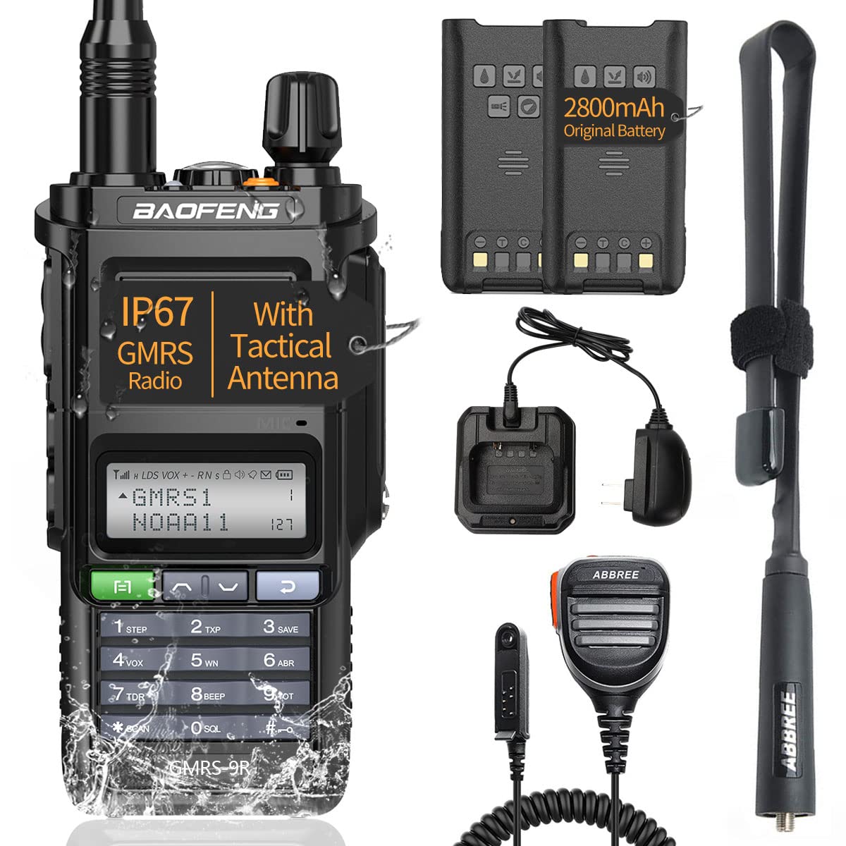 Baofeng GMRS-9R GMRS Radio Waterproof IP67 Two Way Radios GMRS Repeater Capable Rechargeable Walkie Talkies Long Range NOAA Weather Alerts Scan with Extra Tactical Antenna,2800mAh Battery,Speaker Mic Black