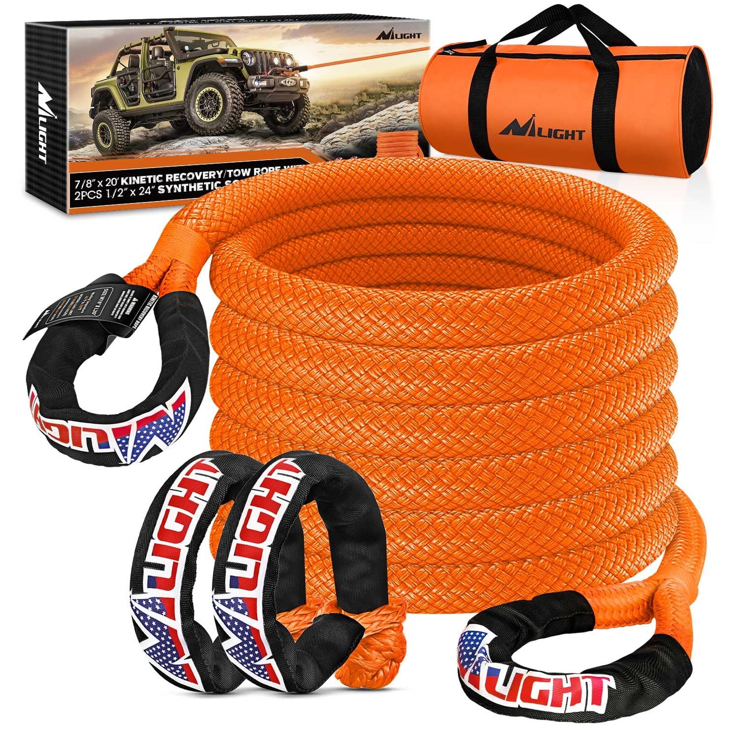 Nilight 7/8in x 20ft Kinetic Recovery Rope (28,600LBS) with 2PCS 1/2 Inch x 24 Inch Soft Shackle(56,000LBS) Heavy-Duty Offroad Snatch Strap kit for UTV ATV SUV Truck Car Tractor, 2 Years Warranty 7/8in x 20ft Rope+2Pcs Shackles