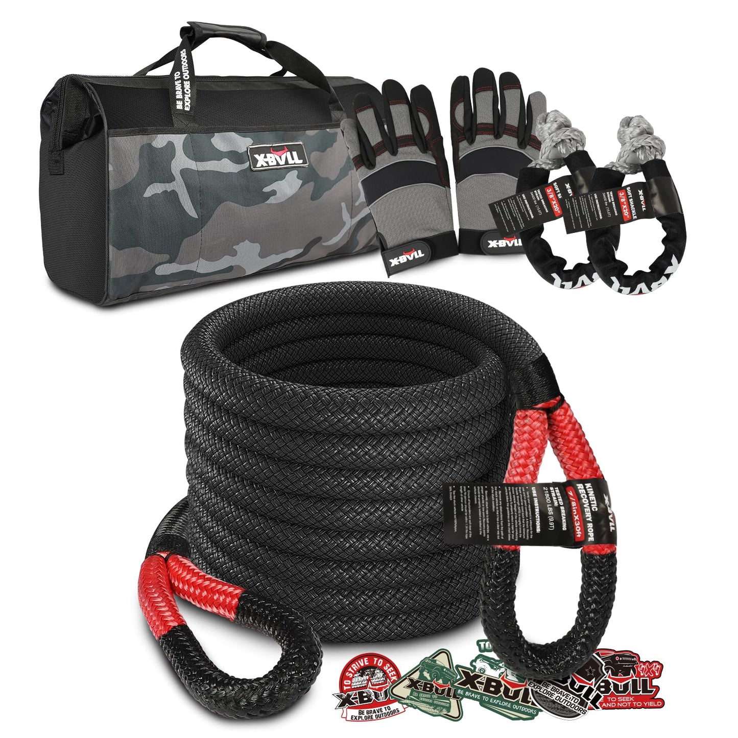 X-BULL Kinetic Rope Recovery Kit 7/8 Inches x 30Ft Kinetic Recovery Rope (34000 LBS)，Heavy Gloves and Winch Damper for UTV, ATV Truck,Car with Soft Shackles 5 PCS