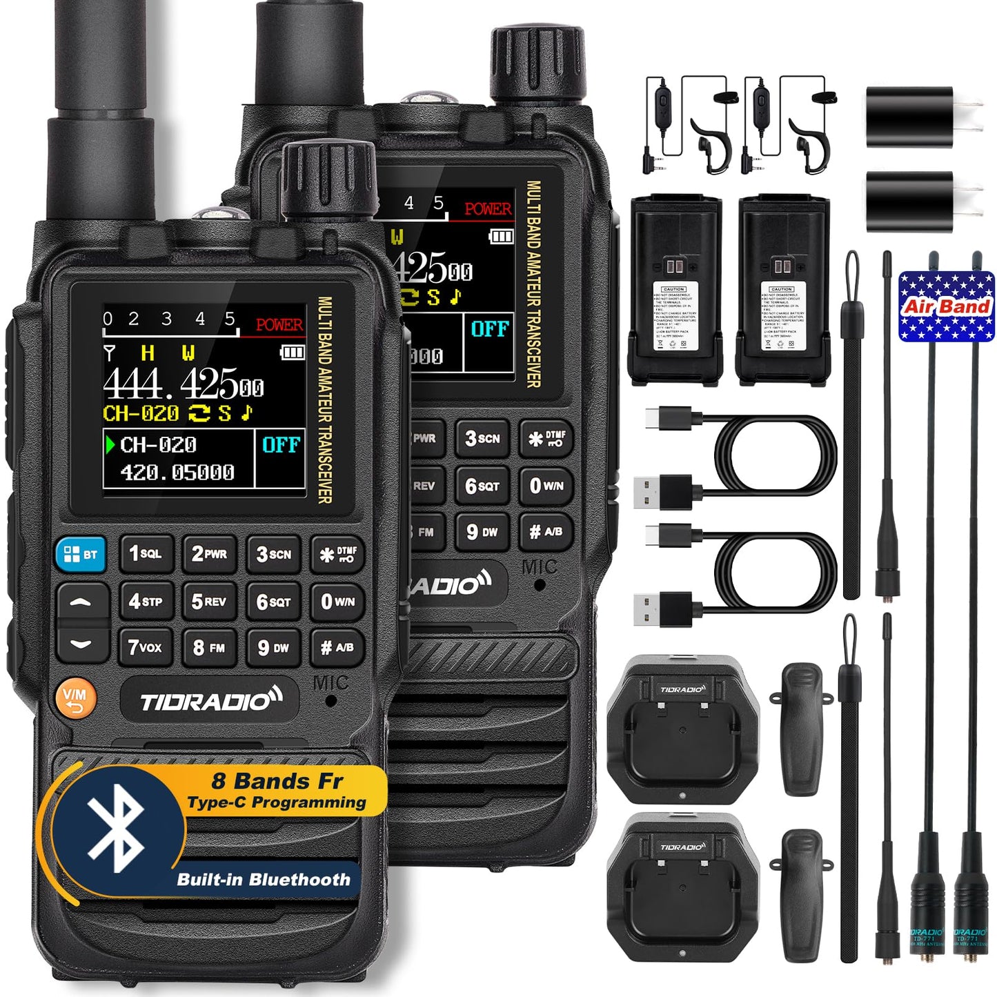 TIDRADIO TD-H3 GMRS Radio Handheld,Type C & Wireless Programming 8-Band Long Range Walkie Walkies Rechargeable Portable Two Way Radios Air Band, Frequency Match, DTMF Lock, NOAA FM AM- Full Kit 2Pack Black-2PACK Full Kit