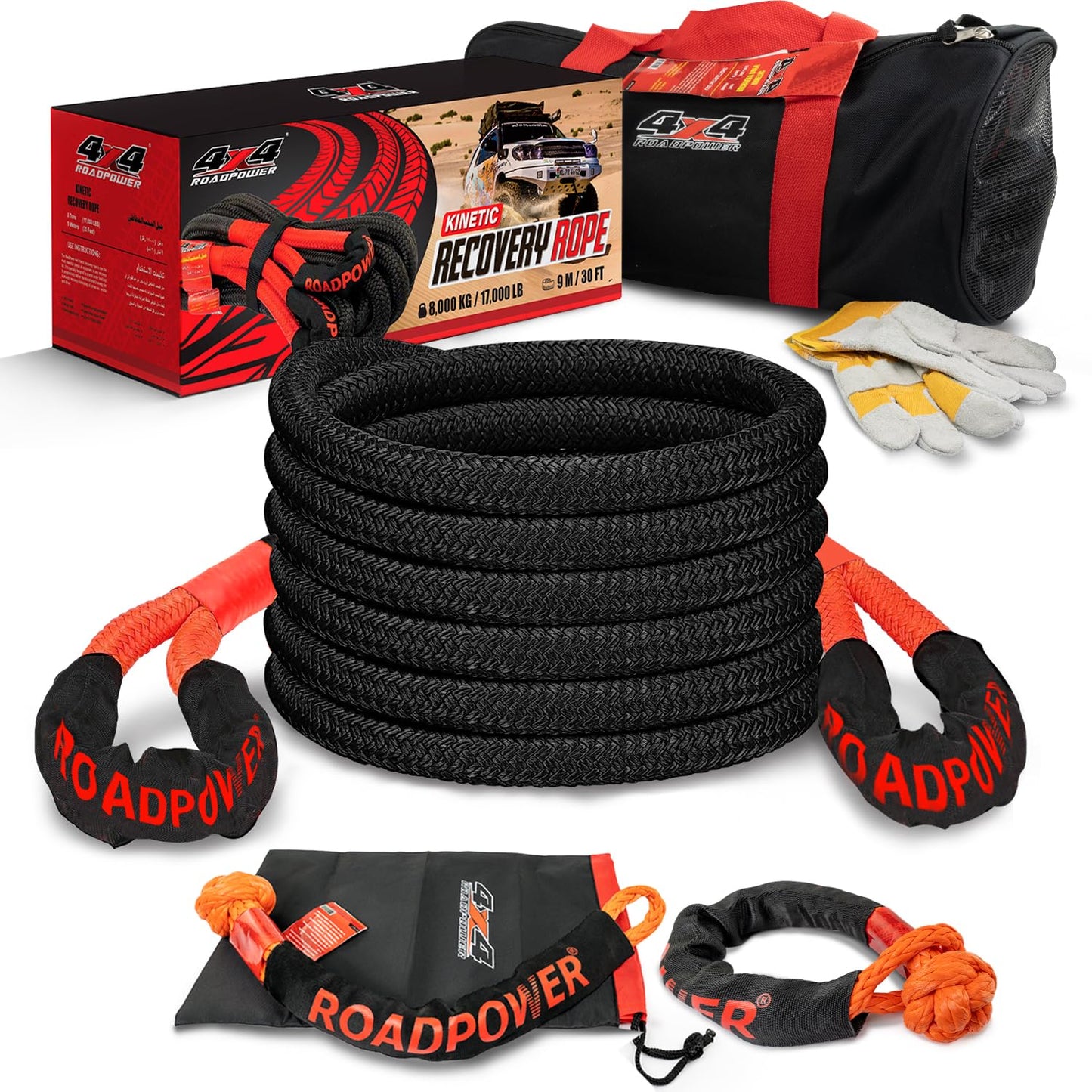 7/8in x 20ft - 4x4 Kinetic Recovery Rope - with Bag Gloves and 2 Pcs Soft Shackle - Heavy Duty Offroad Recovery Kit for UTV, ATV, Truck, Car (8 Tons/20000 Lbs, 7/8inch x 20ft) 8 Tons/20000lbs, 7/8in x 20ft