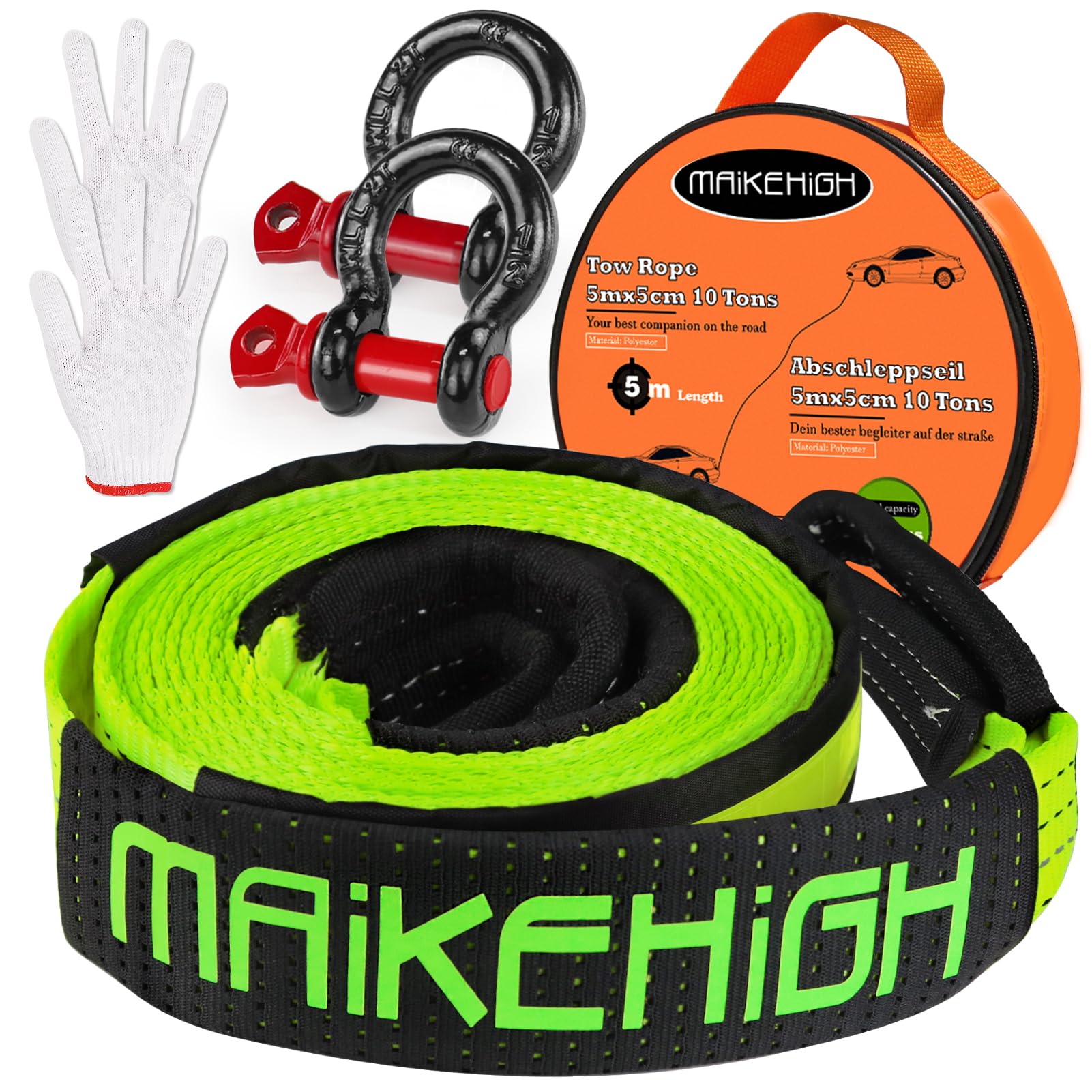 MAIKEHIGH Tow Strap Heavy Duty with Hooks, 2"×16ft (22,000Lbs) Recovery Strap with D-Ring Shackles (2pcs) + Protective Gloves (2pcs), Tow Rope for Car Truck SUV ATV (Green) ‎‎Green Strap with Shackles 2"×16ft