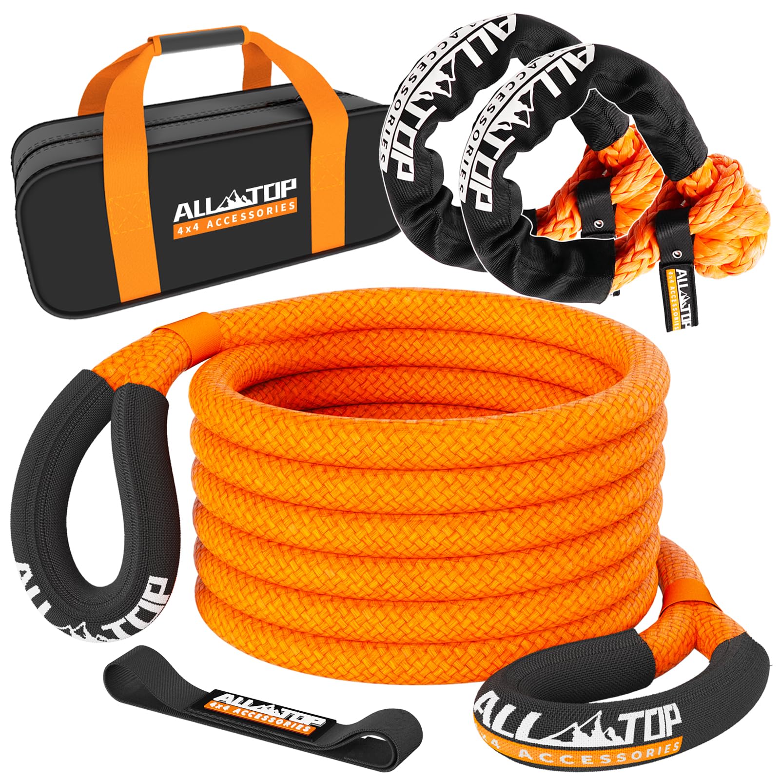 ALL-TOP Kinetic Recovery Rope with 2pcs 1/2in Soft Shackles, 48000 Lbs (1in x 20ft Orange) Extreme Duty 30% Elasticity Energy Snatch Strap for 4x4 Offroad Vehicle 1inx20ft Rope (Orange) + 2pcs Soft Shackle