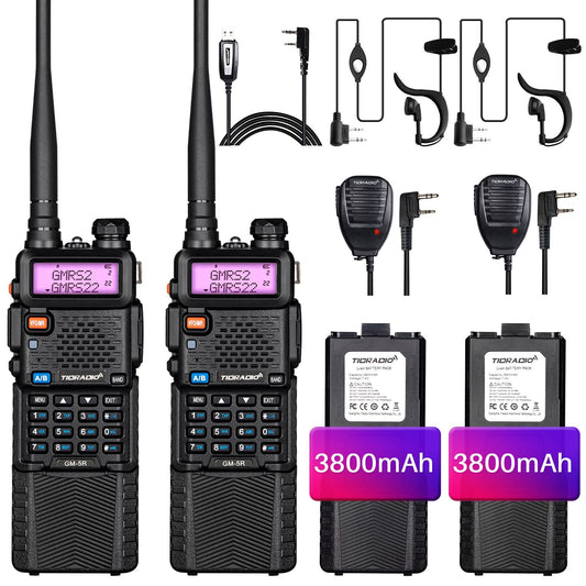 TIDRADIO GM-5R GMRS Radio, Two Way Radio GMRS Repeater Capable, with 3800mAh Battery, Dual Band Scanning Receiver and NOAA Weather & Alarm GMRS Handheld Radio(2 Pack) 2 Pack Full Kits-Black