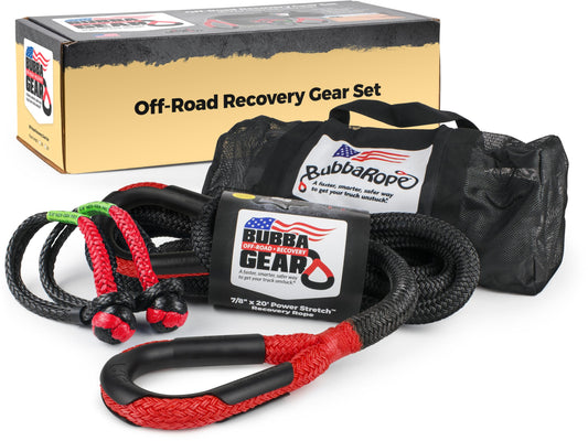 Bubba Rope Off-Road Truck Recovery Gear Set – Heavy-Duty Vehicle Tow Kit: Power Stretch Recovery Rope, 7/8” x 30’ - NexGen PRO Gator-Jaw Synthetic Shackles, 3/8” x 6.5” - Red Red Eyes (30 Feet)