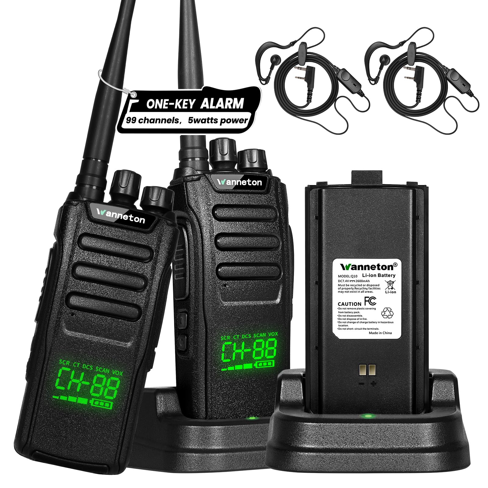 Q10 walkie talkies for Adults Long Range, 99 Channel GMRS 5W Two Way radios with one-Key Alarm, one-Key Frequency Scrambling, LED Digital Display, VOX, TOT（2 Pack） W-Q10