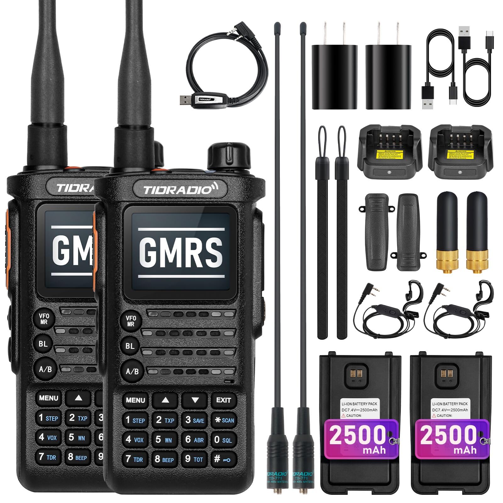 (2nd Gen) TIDRADIO TD-H8 GMRS Radio 2-Way Radio,APP Programmable,GMRS Repeater Capable,Long Range Walkie Talkies with Rechargeable USB-C 2500mAh Battery & TD-771 Antenna,DTMF,VOX,NOAA Weather (2Pack)