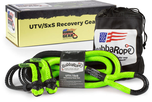 Bubba Rope Heavy-Duty Off-Road ATV, UTV & SxS Tow Recovery Gear Set – Power Stretch Recovery Rope, 5/8” x 20’ & NexGen PRO Gator-Jaw Synthetic Shackles, 5/16” x 5 .5” Green Green Eyes