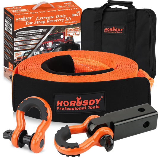 HORUSDY Nylon Heavy Duty Tow Strap Recovery Strap with Hooks 3" x 30Ft - 35,000 LBS Break Strength, 2" Shackle Hitch Receiver + 3/4 D Ring Shackles (2pcs), Recover Your Vehicle Stuck in Mud/Snow. 3" x 30Ft Kit + Hitch Receiver