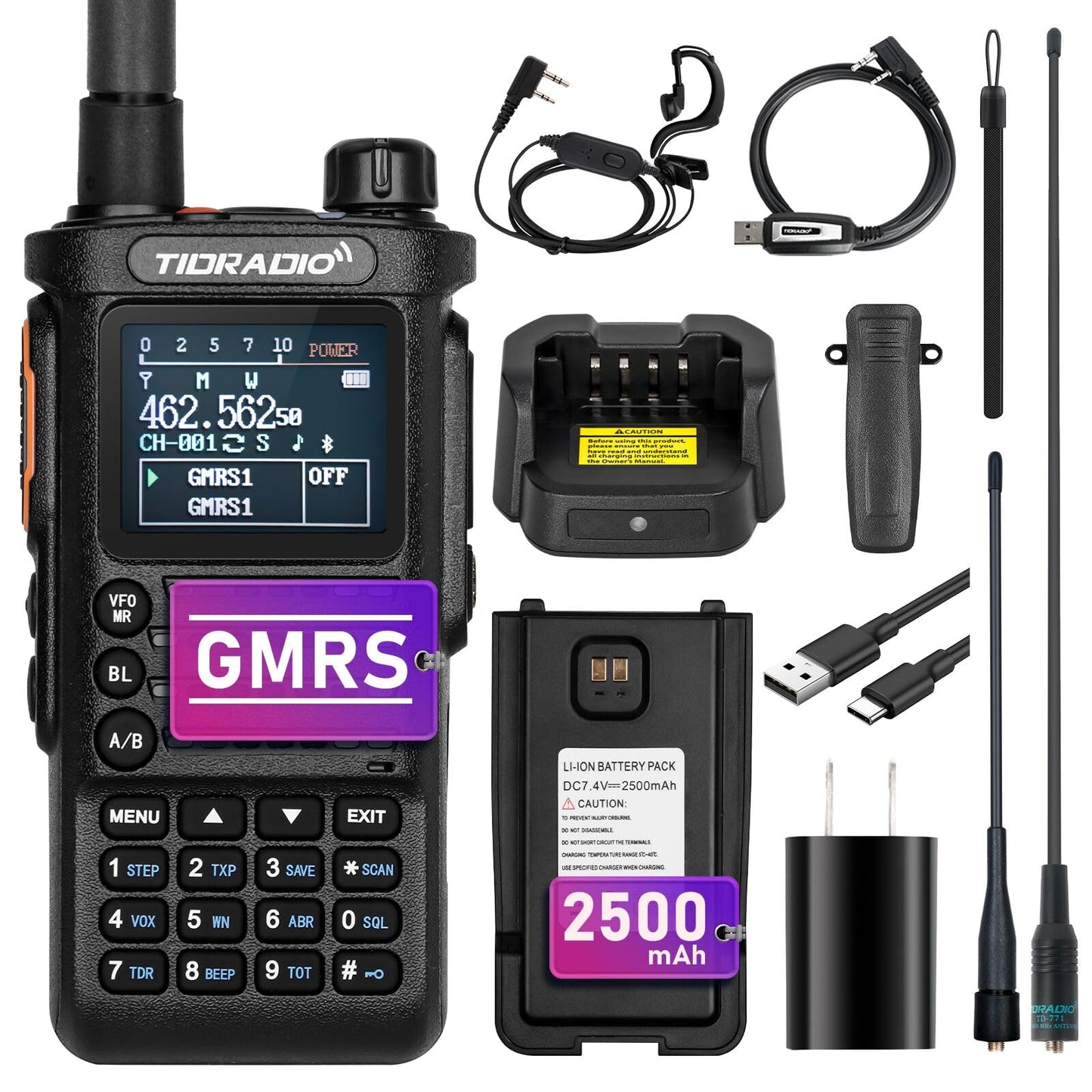 (2nd Gen) TIDRADIO TD-H8 GMRS Radio Long Range Two-Way Radio with USB-C 2500mAh Battery,APP Programmable,Dual Band and NOAA Weather Receiver & Scan,SOS,DTMF,Walkie Talkie,Support Chirp (1 Pack)