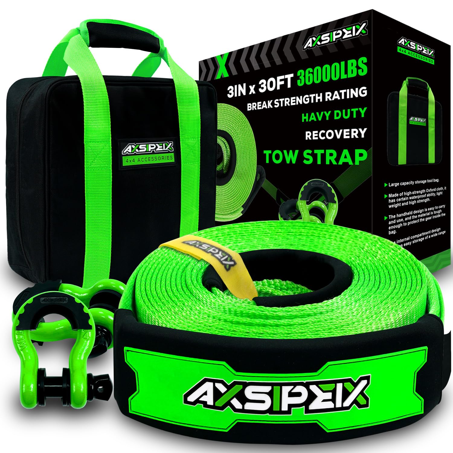 Heavy Duty Recovery Tow Strap 3 in x 30ft - Certified 36000Lbs Break Strength - Heavy Duty Reinforced Draw String, D - Ring Shackles, Havy Duty Tool Bag are Included - Reinforced Loop Straps 3 IN X 30 FT - KIT(36000LBS)