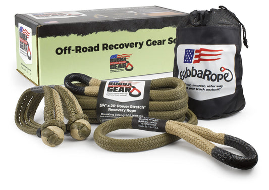 Bubba Rope Heavy-Duty Off-Road Vehicle Tow Recovery Gear Set Renegade Power Stretch Recovery Rope, 3/4” x 20’ & NexGen PRO Gator-Jaw Synthetic Shackles, 3/8” x 6.5” - Desert Tan Desert Tan (20 Feet)