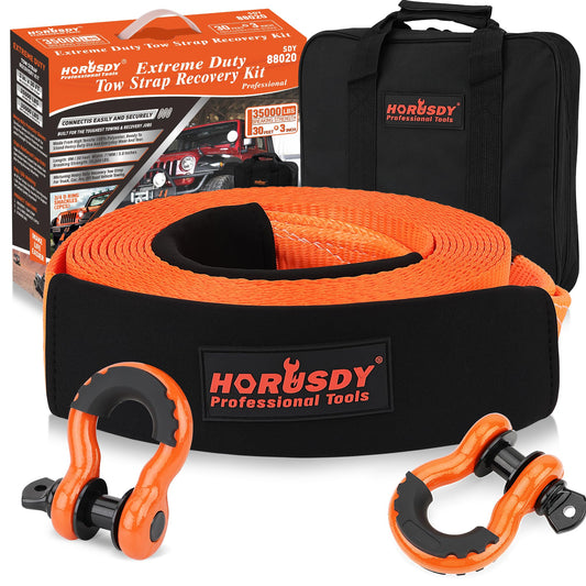 HORUSDY Nylon Heavy Duty Tow Strap Recovery Strap with Hooks 3" x 30Ft - 35,000 LBS Break Strength, 3/4 D Ring Shackles (2pcs), Recover Your Vehicle Stuck in Mud/Snow. 3" x 30Ft Kit + Ring Shackles