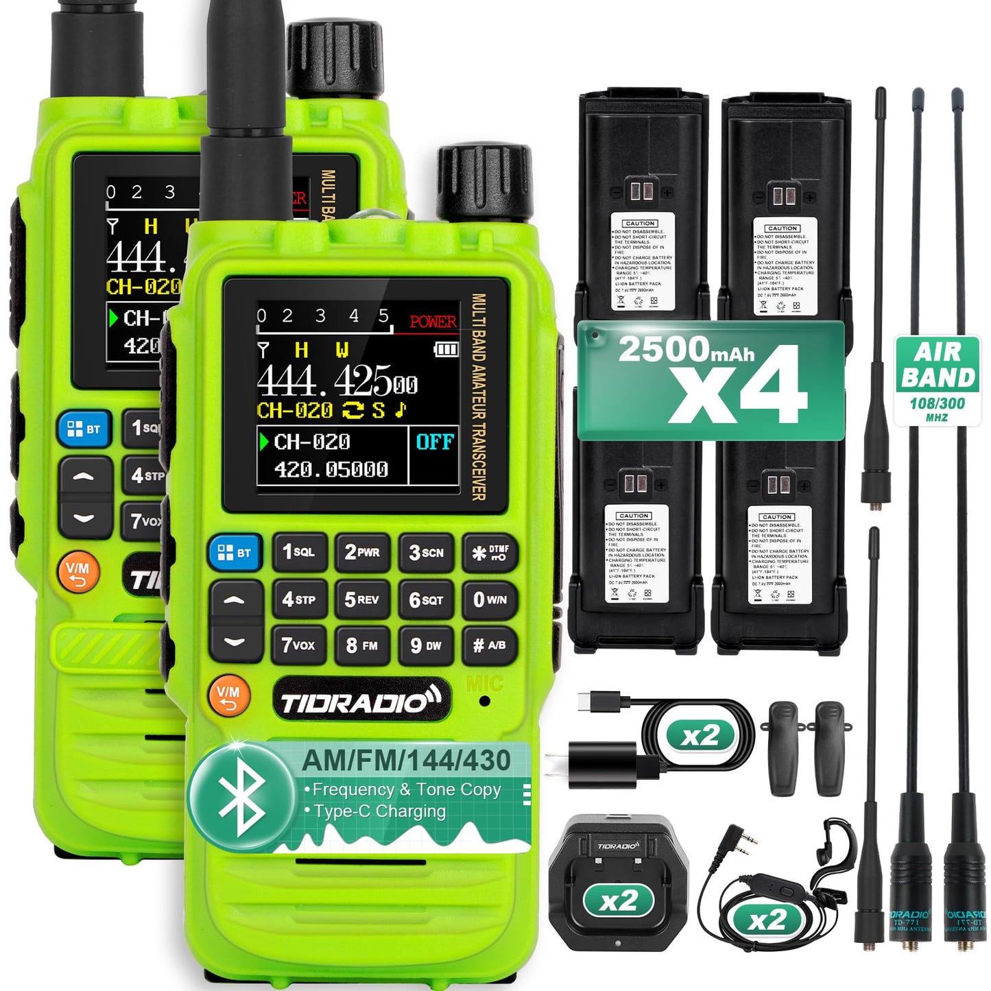 TIDRADIO TD-H3 GMRS Radio,Type C & Wireless Programming(4pcs Batteries)，8-Band Long Range Walkie Talkies Rechargeable Handheld Full-Featured 2 Way Radios, Full Kit (Green) 2 Pack,Green