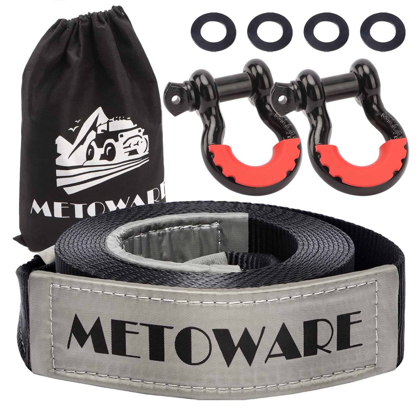 METOWARE Tow Strap Recovery Kit 3" x 20ft, Heavy Duty Tow Strap 35,000lbs Break Strength with 3/4" D Ring Shackles(2pcs) & Storage Bag, Emergency Off Road Towing Rope for SUV, UTV, ATV, Truck 3"x20ft Shackle+Strap