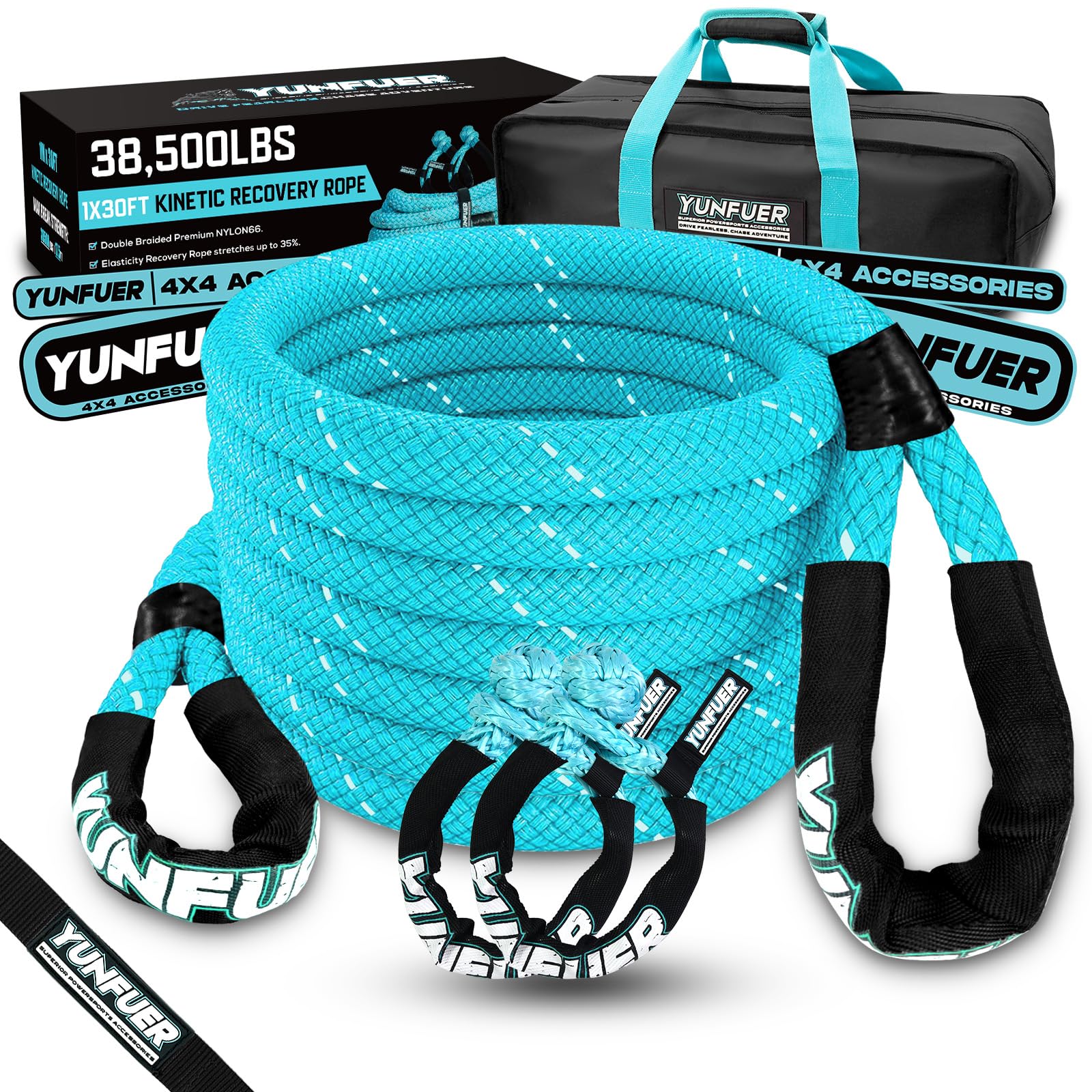 Kinetic Recovery Rope (1in x 30ft - 38,500lbs Blue) Extreme Duty 35% Elasticity Energy Snatch Rope, Offroad Recovery Kit with 2 Soft Shackles, Heavy Duty Tow Ropes for Trucks, UTV, ATV, SUV 1"x30'-38,500lbs Blue with 2 Soft Shackles