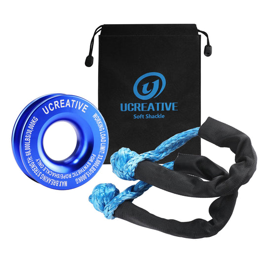 Ucreative Blue Recovery Ring and 2PCS Blue Soft Shackle kit for Synthetic Winch Rope for ATV UTV SUV Truck Off-Road Vehicle Recovery