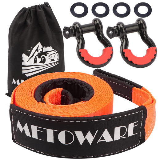 METOWARE Heavy Duty Tow Strap Recovery Kit - 3" x 20ft(35,000lbs) Tree Saver Winch Strap + 3/4" D Ring Shackles(2pcs) + Storage Bag - Truck, SUV, ATV Off Road Towing Strap Kit 3"x20ft Shackle+Strap