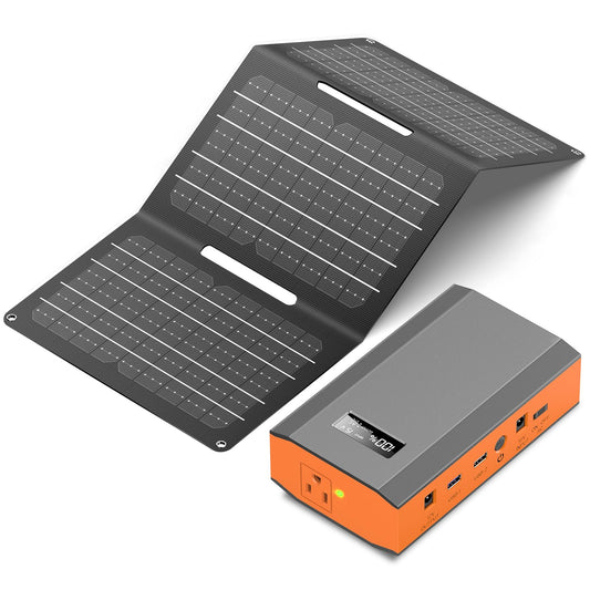 Portable Power Bank with AC Outlet 65W 110V External Battery Pack, 24000mAh Portable Laptop Charger with 30W Foldable Solar Panel Power Supply for Outdoor Camping Home Use Traveling RV Trip Off Grid Grey Black