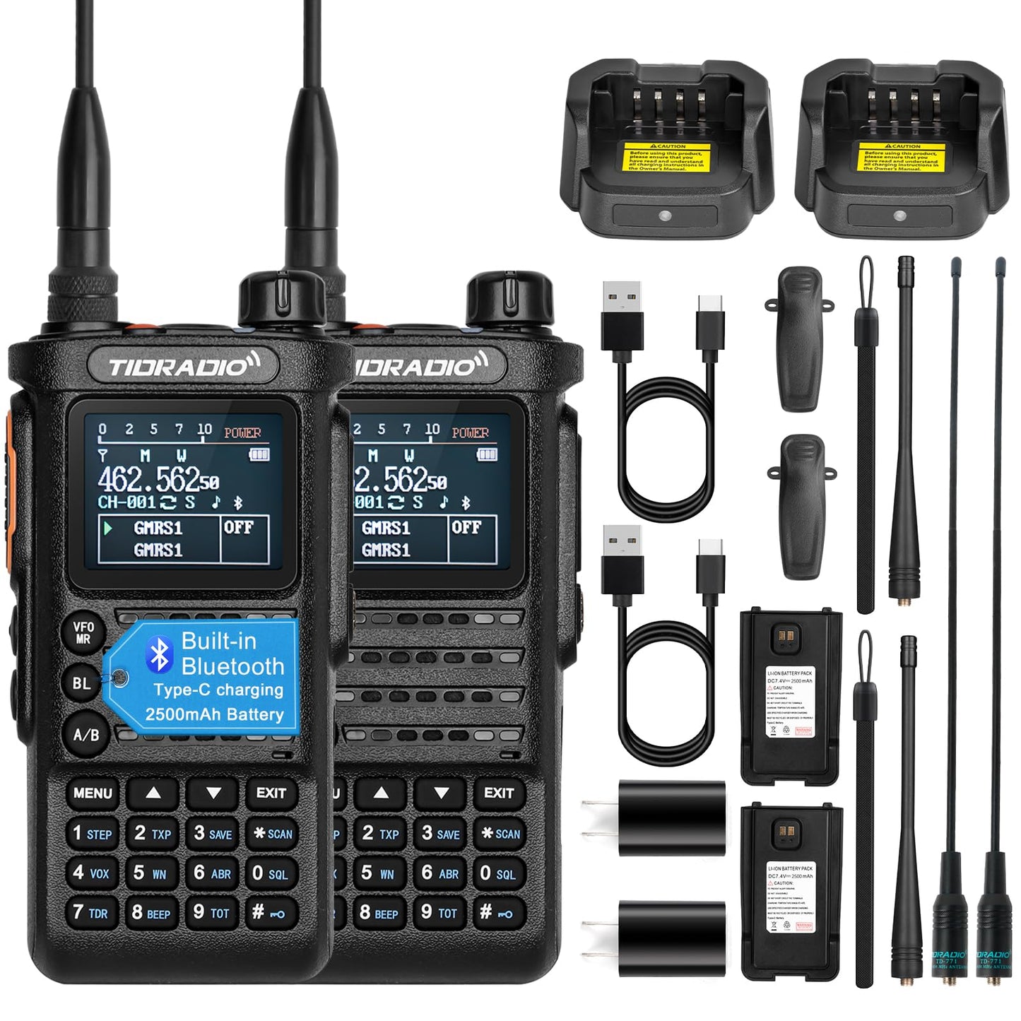 (2nd Gen) TIDRADIO H8 GMRS Handheld Radio with Bluetooth Programming, Repeater Capable, NOAA Weather, Dual Band Long Range Two Way Radios, Walkie Talkies with 2500mAh Rechargeable Battery-2Pack 2 PACK-Black