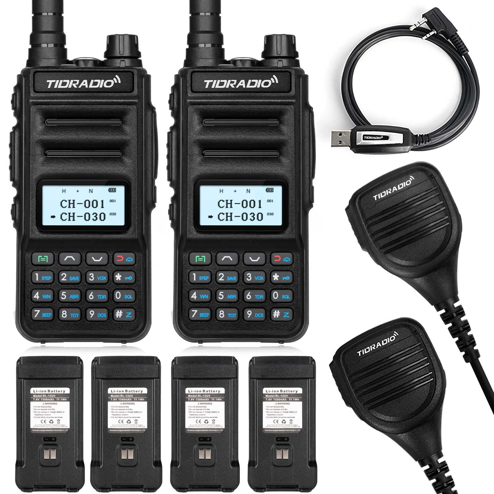 TIDRADIO TD-H5 GMRS Radio with 4pcs 1500mah Batteries, 5Watt GMRS Handheld Radio for Adults, GMRS Repeater Capable, Two Way Radio with NOAA Weather Receiver & Scan (2 Pack) 2x (Full Kit - Double Battery&Speaker Mic)