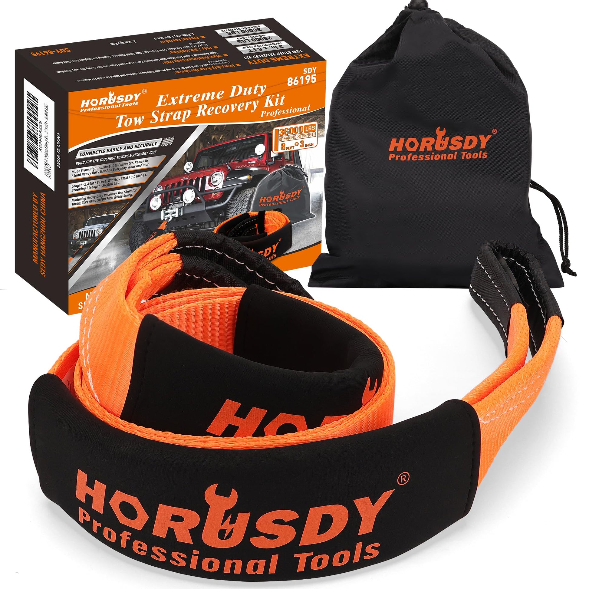 HORUSDY Nylon Heavy Duty Tow Strap Recovery Strap 3" x 8Ft - 36,000 LBS Break Strength, Recover Your Vehicle Stuck in Mud/Snow.