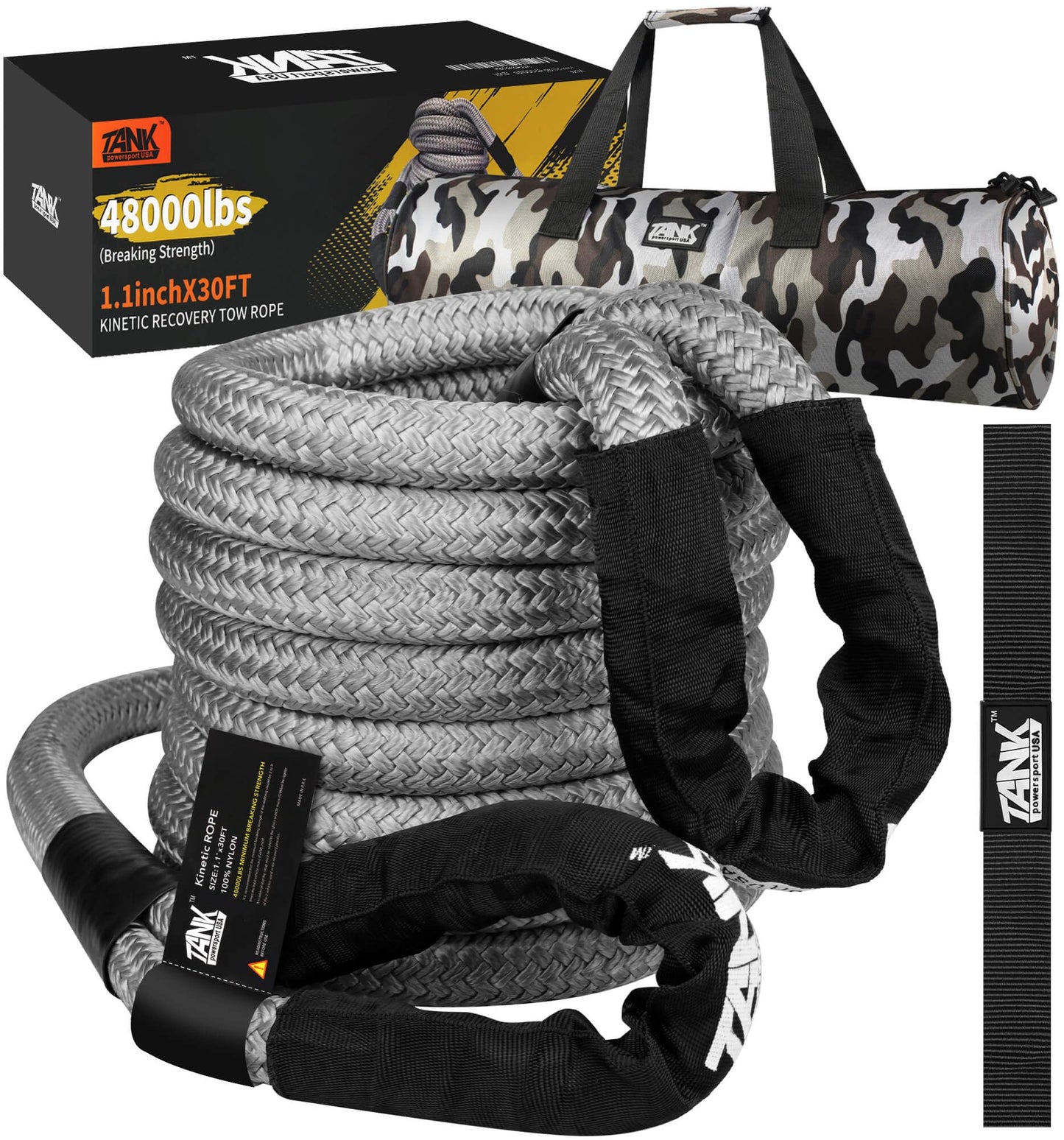 TANK Powersport USA Kinetic Recovery Rope 48,000lbs 1.1” x 30’ - Grey Silver