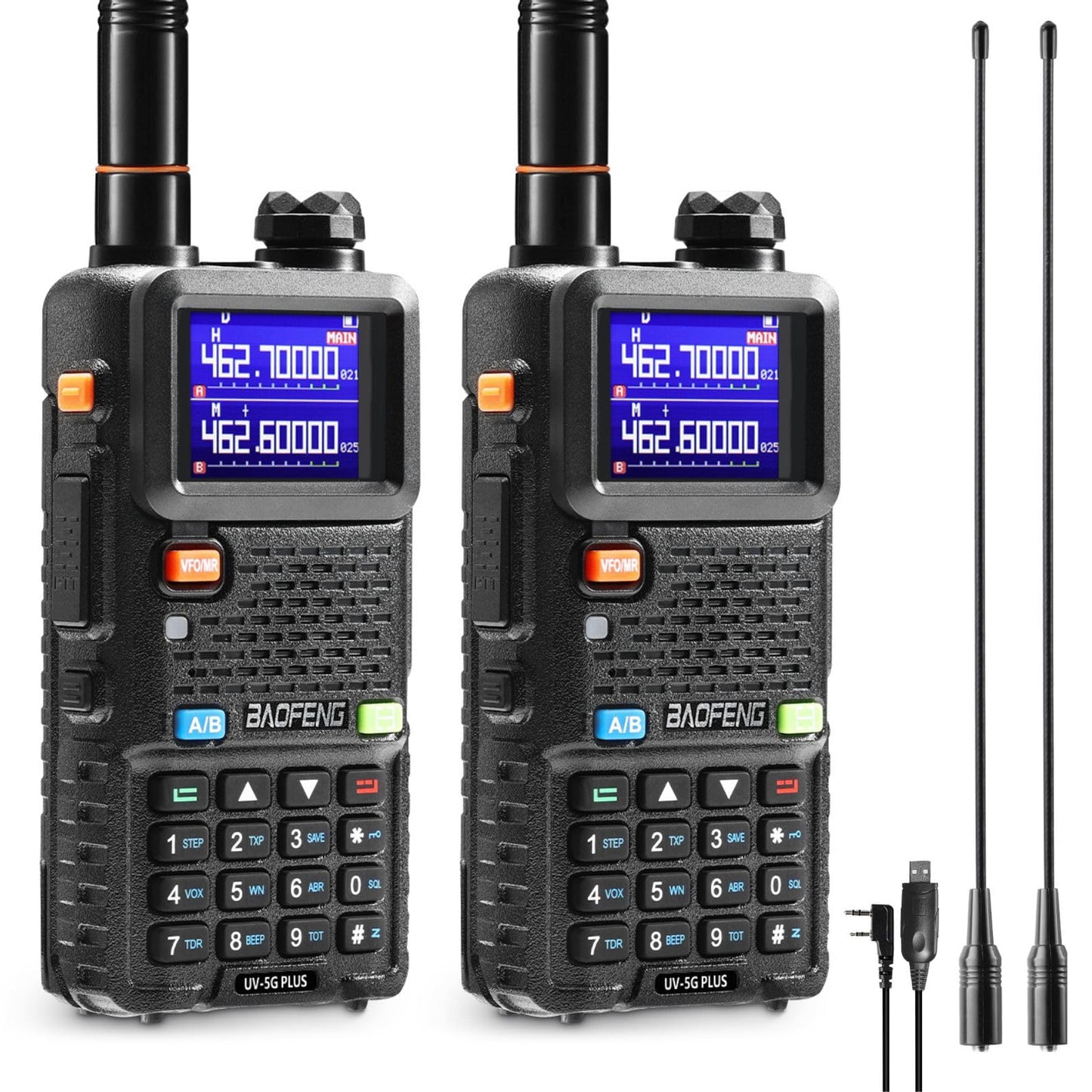 [Chirp Compatible] BAOFENG UV-5G Plus GMRS Handheld Radio, 999 Channels, 5W Long Range Rechargeable Two Way Radio with NOAA Weather Receiving, 2500mAh Battery USB-C Port, 8" & 15.5" Antennas, 2 Pack 2 Pack with 15.5" Antenna