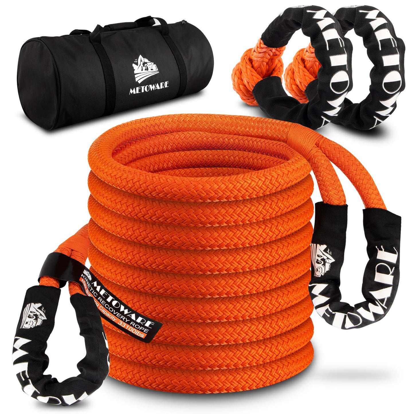 METOWARE Kinetic Recovery Rope (1’’ x 30ft) 35,000 LBS Snatch Strap with 1/2inch x 22 Inch Soft Shackles, Heavy Duty Offroad Towing Straps Kit for UTV, ATV, Truck, Car 1'' x 30ft+2pcs Soft Shackle