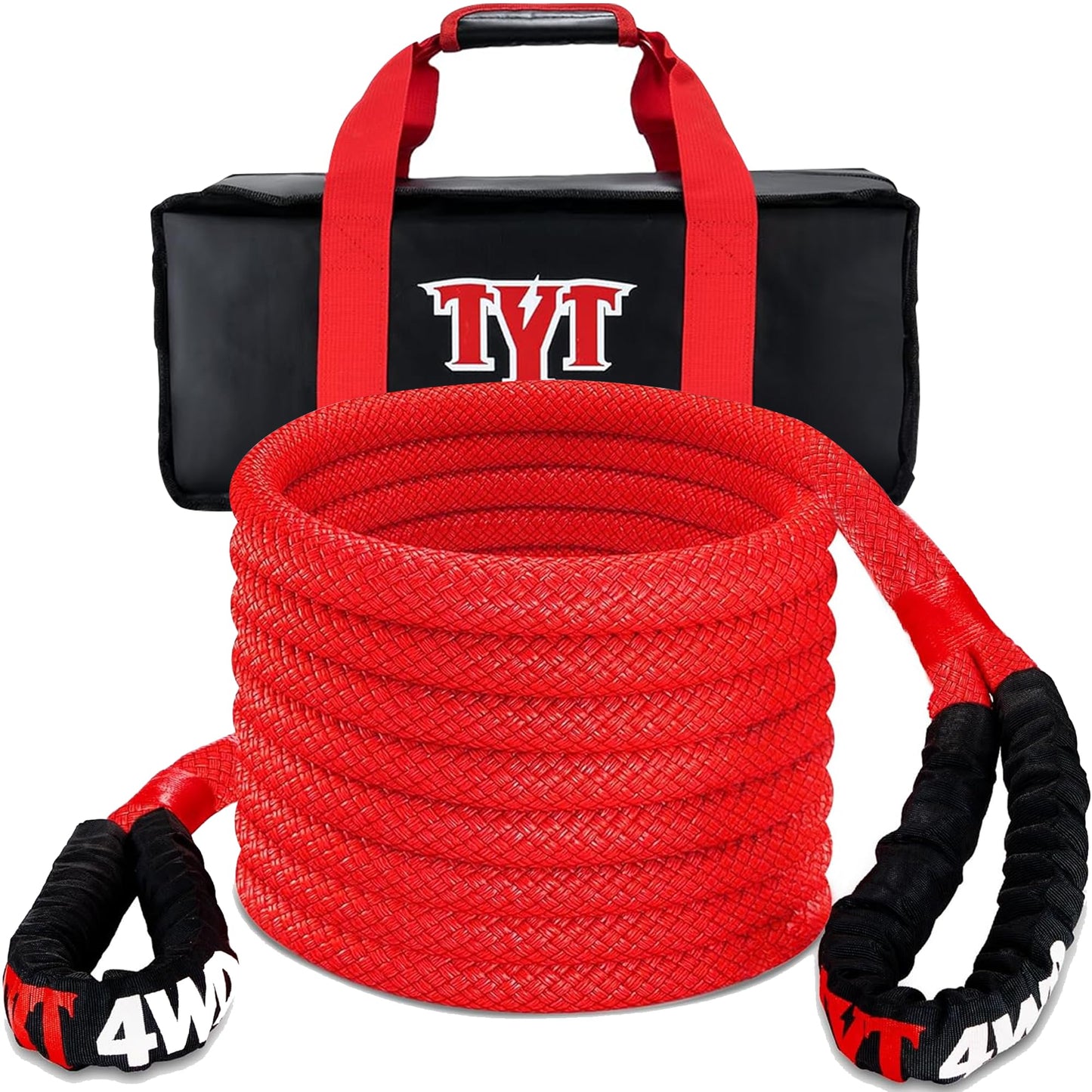 TYT Kinetic Recovery Rope,(1in x 30ft Red) 48000lbs Snatch Strap, Heavy Duty Stretch Nylon Towing Ropes for Offroad Vehicle, Jeep, SUV, ATV, UTV, Tractor Elastic Ropes Kit 1"x30FT(Red)