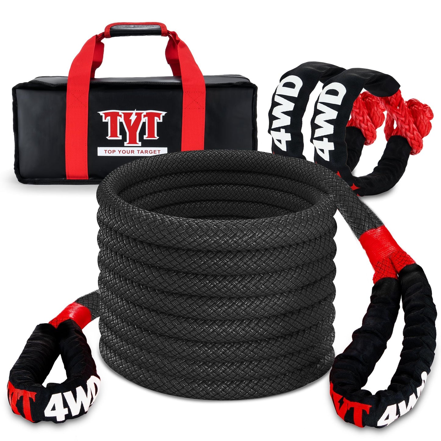 TYT Kinetic Recovery Rope,(7/8 in x 30ft Black) 28600lbs Snatch Strap, Heavy Duty Stretch Nylon Towing Ropes with 2pcs Soft Shackles for Offroad Vehicle,Jeep,SUV,ATV,UTV,Tractor Elastic Ropes Kit 7/8"x30FT(Black)