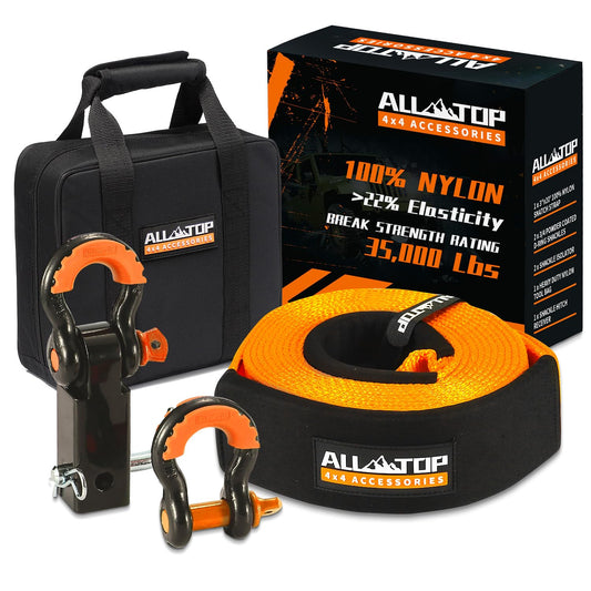 ALL-TOP Nylon Recovery Kit with Hitch Receiver: 3" x 20' (35,000lbs) 100% Nylon Snatch Strap + 2" Shackle Hitch Receiver + 3/4 HD Shackles (2pcs) with Isolator + Storage Bag 3" x 20' Kit + Hitch Receiver