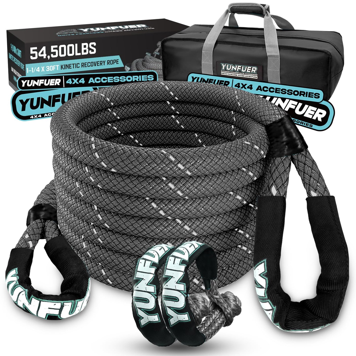 Kinetic Recovery Rope (1-1/4" x 30'-54,500lbs) Extreme Duty 35% Elasticity Energy Snatch Rope, Offroad Recovery Kit with 2 Soft Shackles, Heavy Duty Tow Ropes for Trucks, UTV, ATV, SUV (Gray) 1.25"x30'-54,500lbs Gray with 2 Soft Shackles