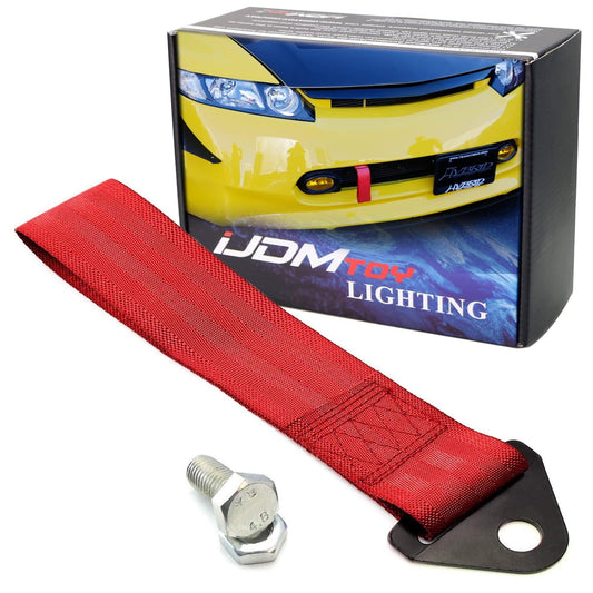 iJDMTOY Sports Red Appearance Racing Style Nylon Tow Strap Universal Fit Compatible with Front or Rear Bumper