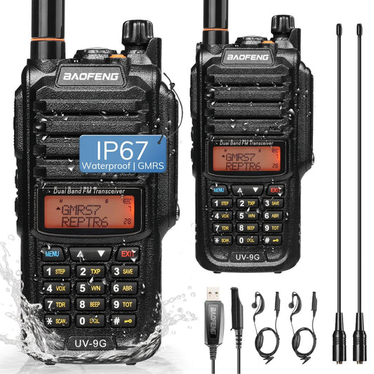 Baofeng UV-9G GMRS Radio (2 Pack), IP67 Waterproof Outdoors Two Way Radios, Long Range Rechargeable with Programming Cable and RA-MD2 Antennas, GMRS Repeater Capable, Support Chirp 2PCS+Antennas