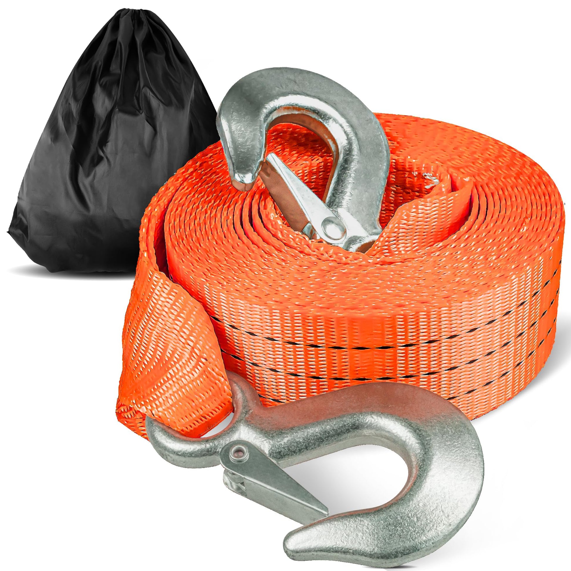 Tow Strap with Hooks 2”x20’ 15,000 LBS, Tow Rope Metal Safety Hooks, Car Heavy Duty Recovery Rope for Trailers, Securing Items, and Farm Cleaning(Orange)