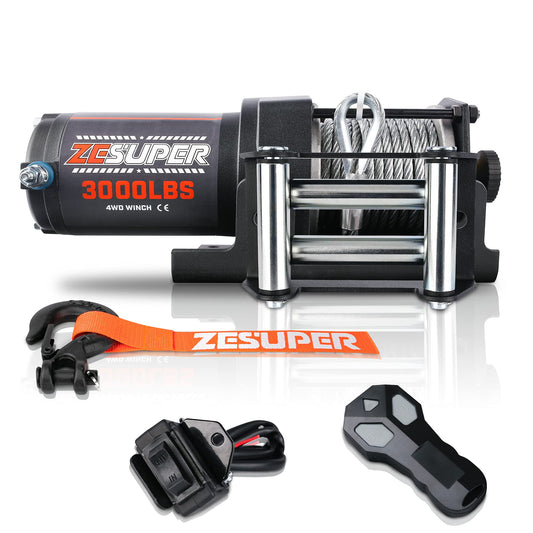 ZESUPER 3000 lb 12V DC Electric Winch Steel Cable Off Road Waterproof UTV ATV Boat Modified Vehicles Winch Kits Wireless Remote 3000LBS Steel Cable