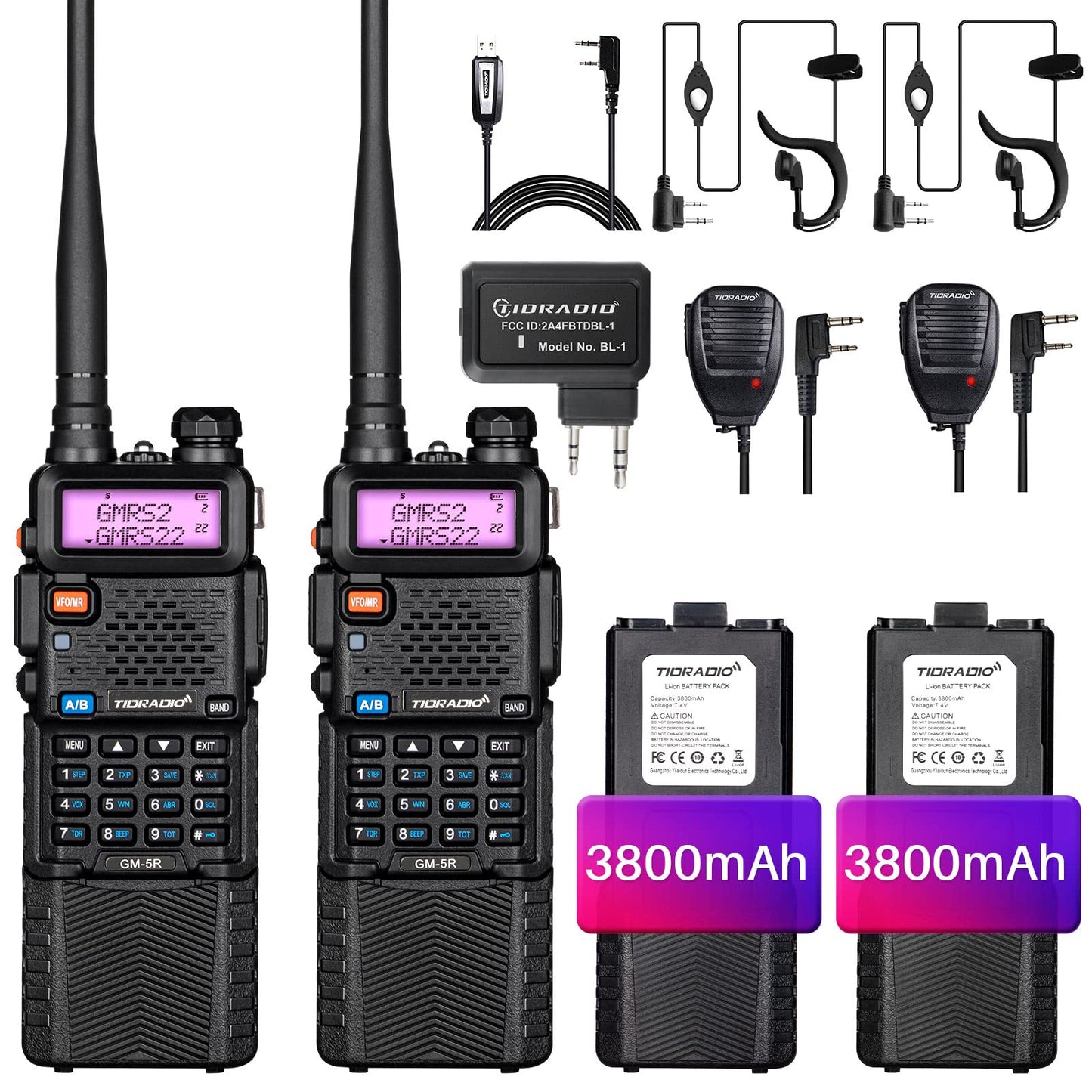 TIDRADIO GM-5R GMRS Radio, Two Way Radio GMRS Repeater Capable, with 3800mAh Battery,Wireless Programmer，Dual Band Scanning Receiver and NOAA Weather & Alarm (2 Pack)