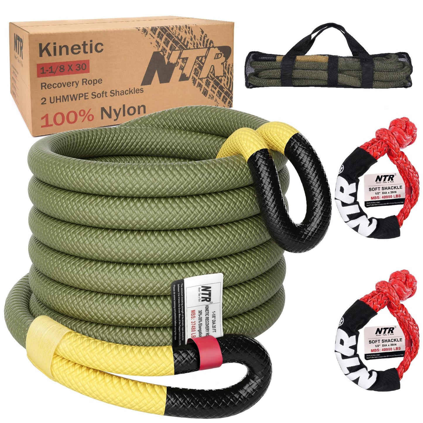 NTR 1-1/8" x 30' Kinetic Recovery Tow Rope (37,480lbs), with 2 UHMWPE Soft Shackles (40,980lbs), Heavy-Duty Offroad Snatch Strap, Vehicle Recovery kit for Jeep car Truck ATV UTV SUV 1-1/8 x 30FT Olive with Soft Shackles