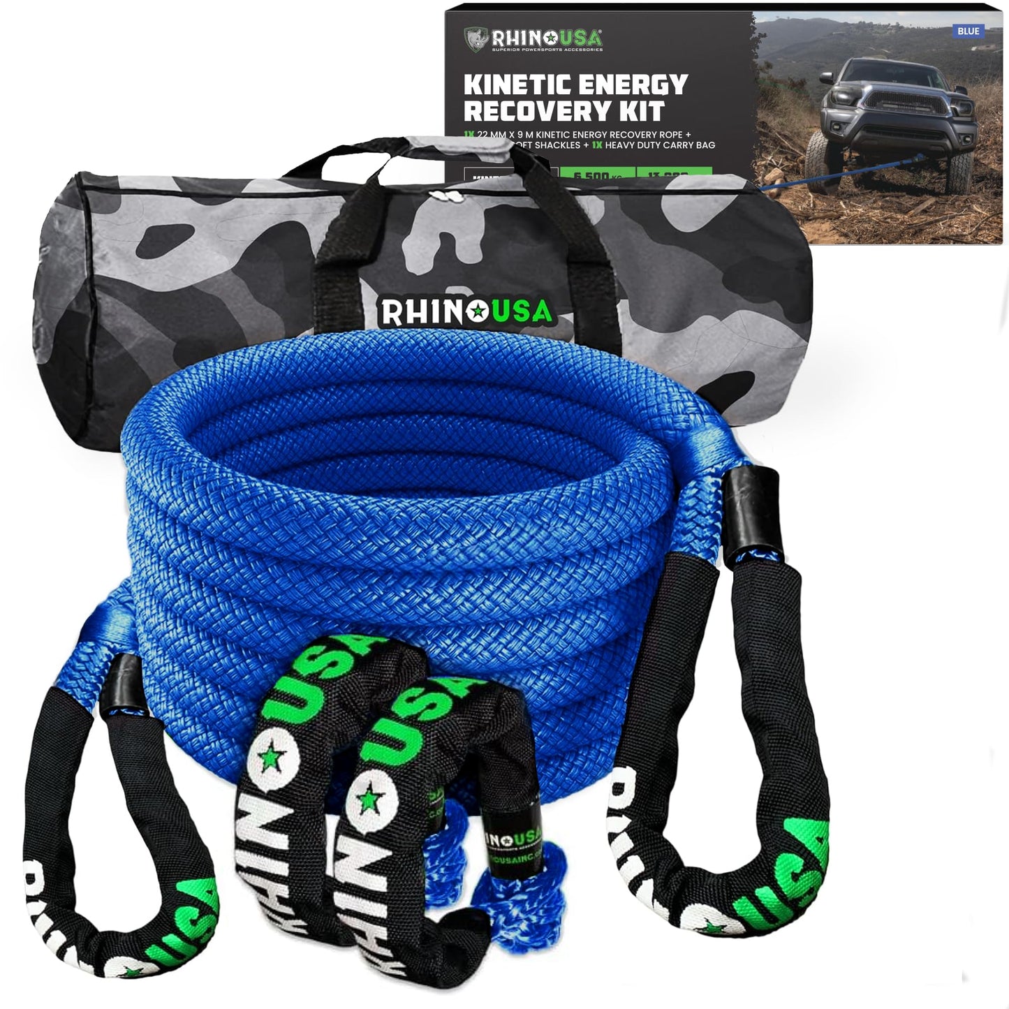 Rhino USA Kinetic Rope Recovery Kit (7/8in x 30ft) - Heavy Duty Offroad Snatch Strap - Includes 2 Soft Shackle for UTV, ATV, Truck, Car, Jeep, Tractor Blue - Kit 7/8" x 30'