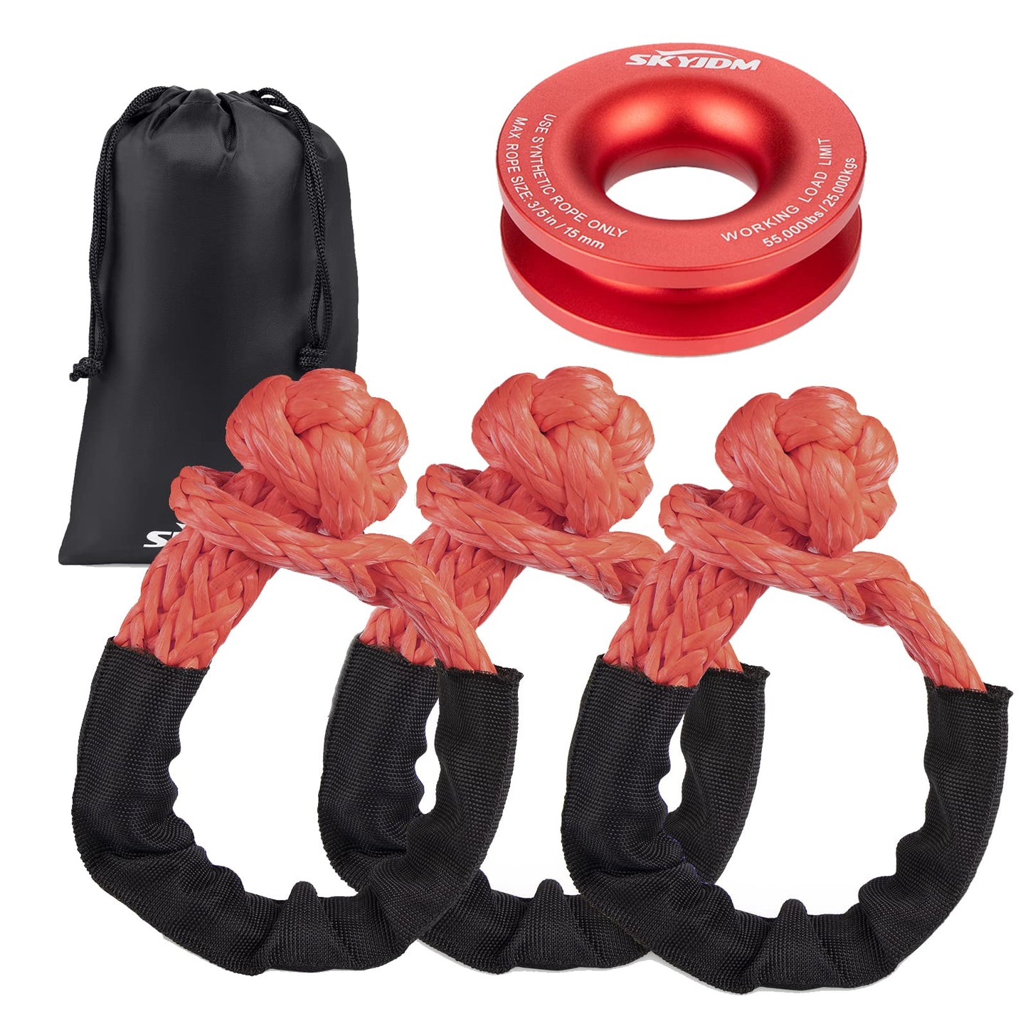 Soft Shackles with Recovery Ring - 3 Pack 1/2 in x 22 in Rope Shackle (56,000 lbs Breaking Strength) with Snatch Ring (55,000 lbs Working Load Limit) for 4x4 Truck SUV ATV UTV Vehicles (Red)