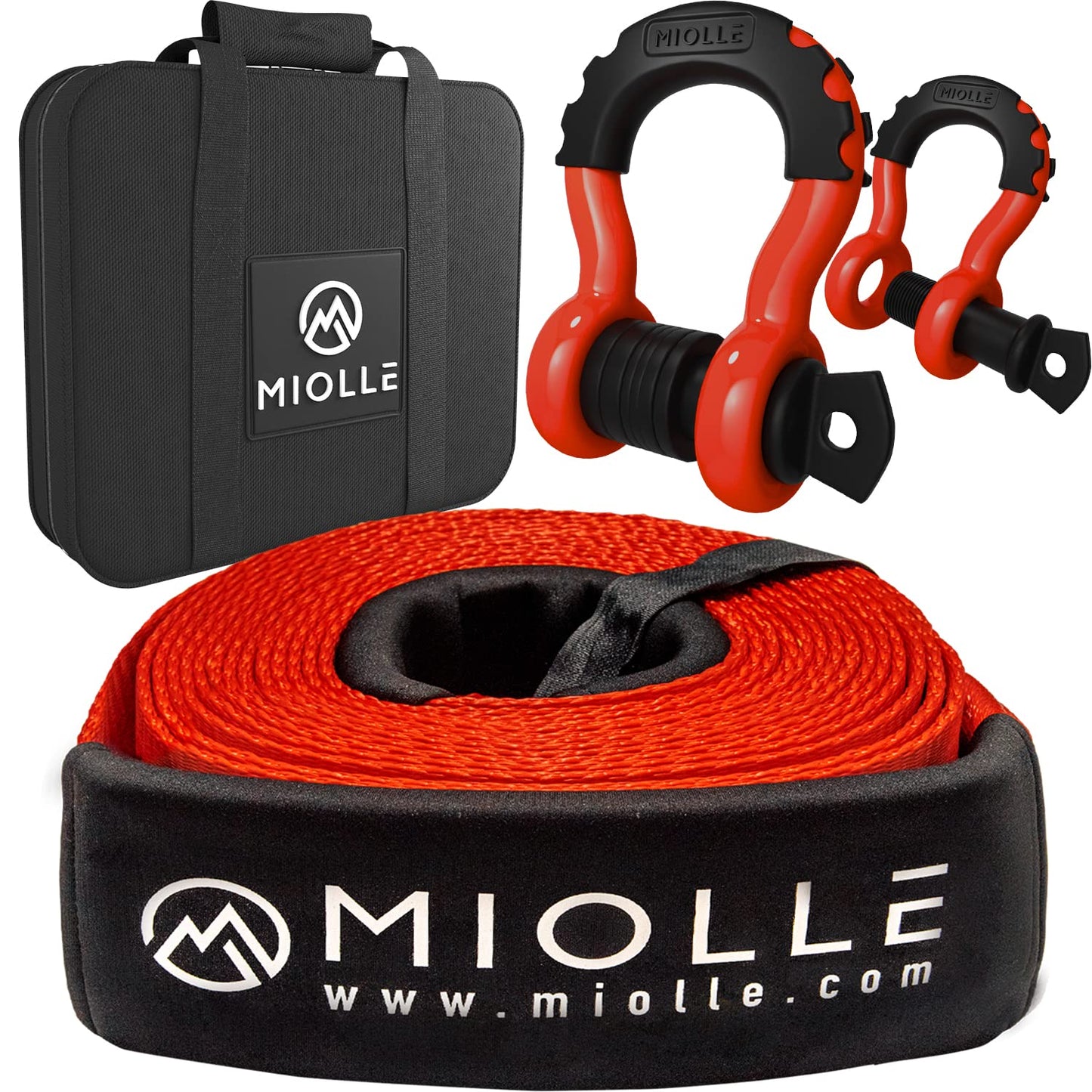 MiolleGear Tow Strap 3”x20’- 33400lbs MBS (Lab Tested) Recovery Strap Kit includes: Tow Rope, 2 D-Ring Shackles MBS-41800LBS, Storage Case 3inch x 20ft